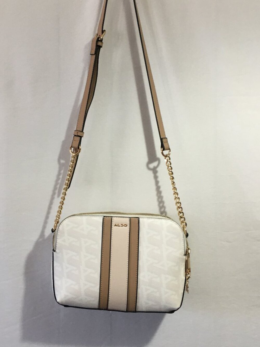 ALDO Cream Printed Medium Crossbody Purse Double Zip Gold Tone Chain